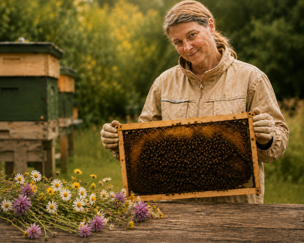 Imkerin Alexandra mit Bienenwabe am Bienenstand in Bochum