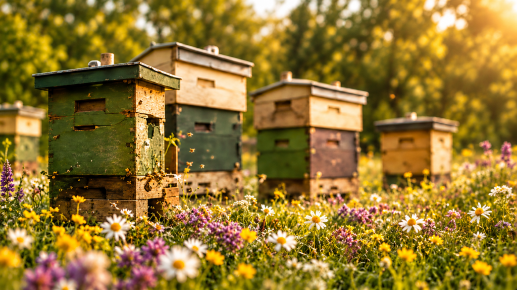 Bienenstöcke auf einer Blumenwiese für regionalen Honig aus Bochum