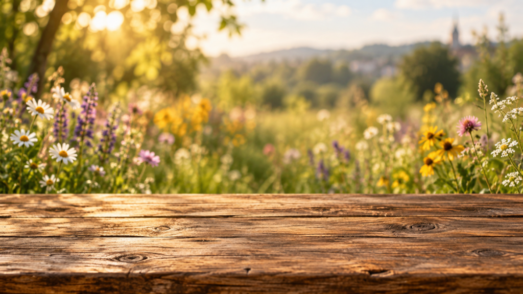 olztisch vor sommerlicher Blumenwiese als Hintergrund für Firmengeschenke mit Honig aus Bochum