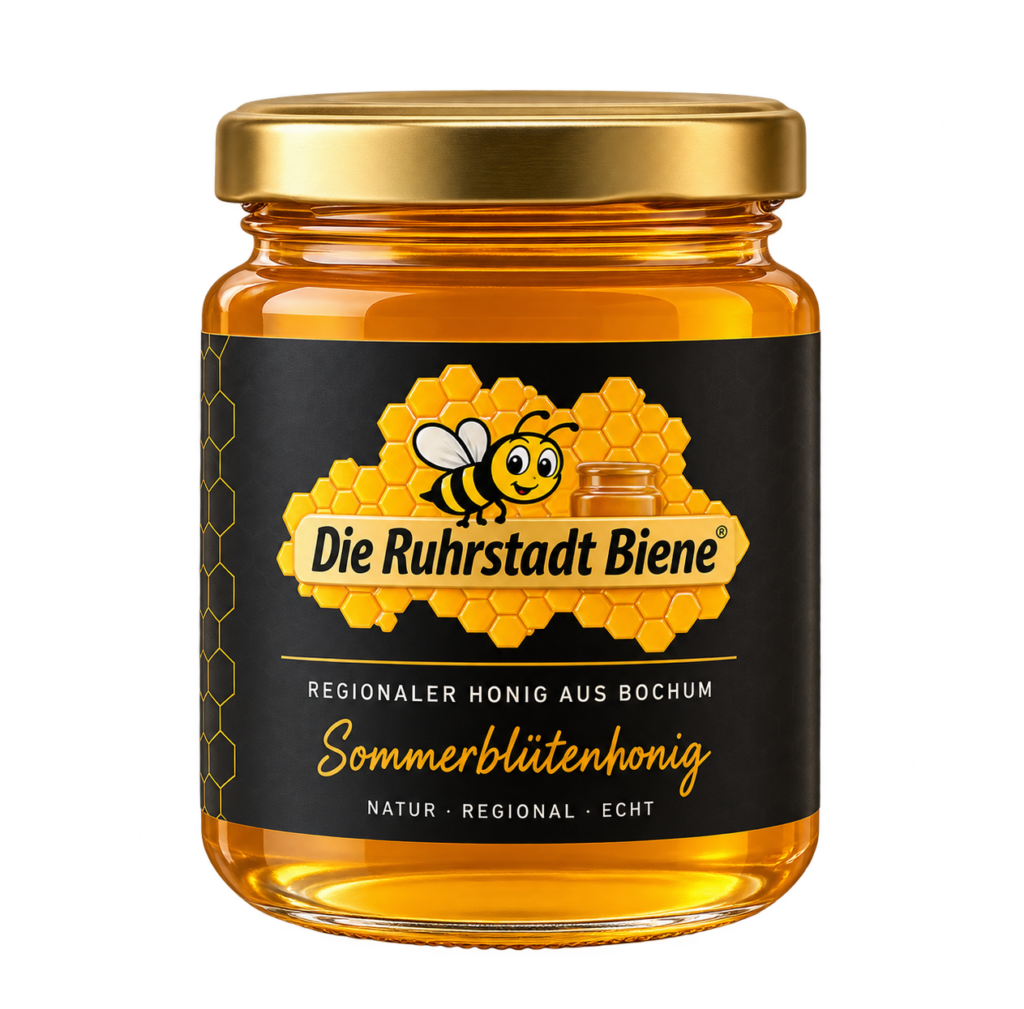 Freigestelltes Glas Sommerblütenhonig der Ruhrstadt Biene aus Bochum
